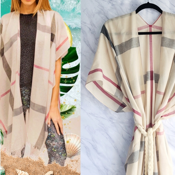 Jessica McClintock novacheck plaid kimono wrap duster shawl os women - Picture 8 of 9